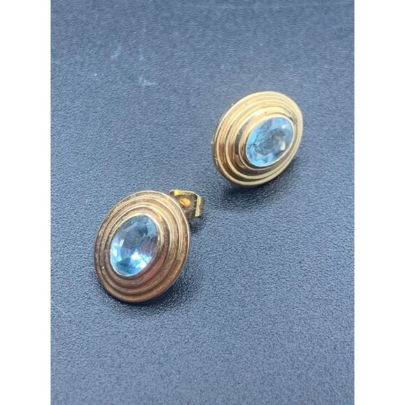 Vintage Blue Topaz Earrings 14k Gold Triple Oval Shaped Studs Statement Earrings - Picture 2 of 7
